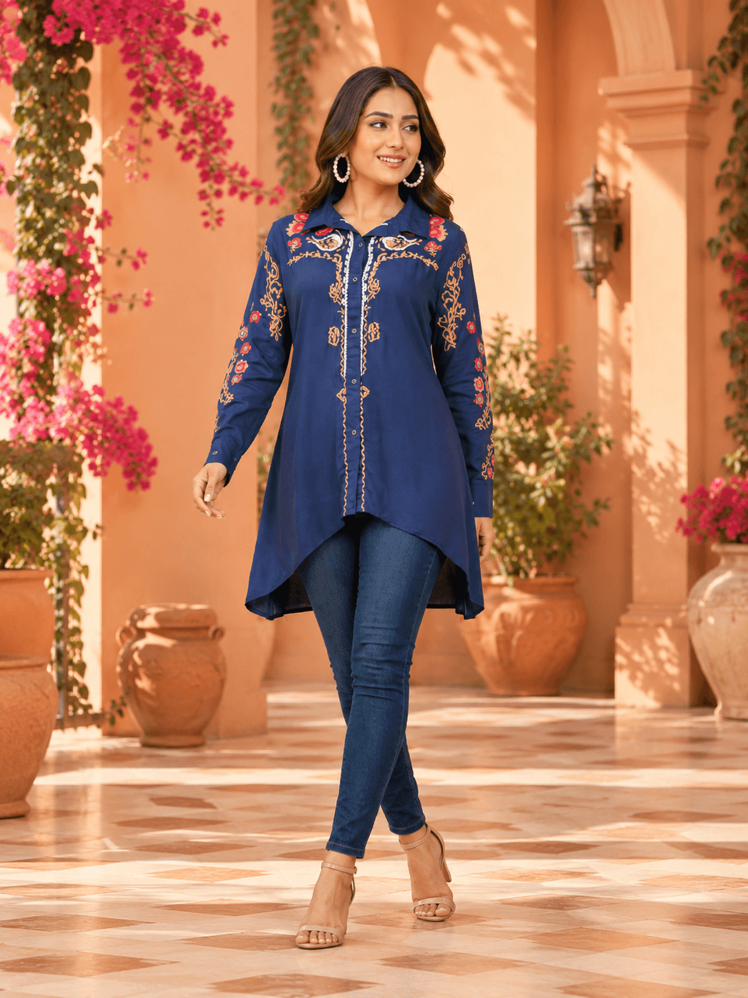 Navy Embroidered Cotton Shirt