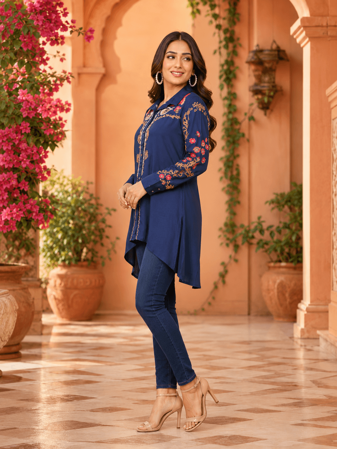 Navy Embroidered Cotton Shirt