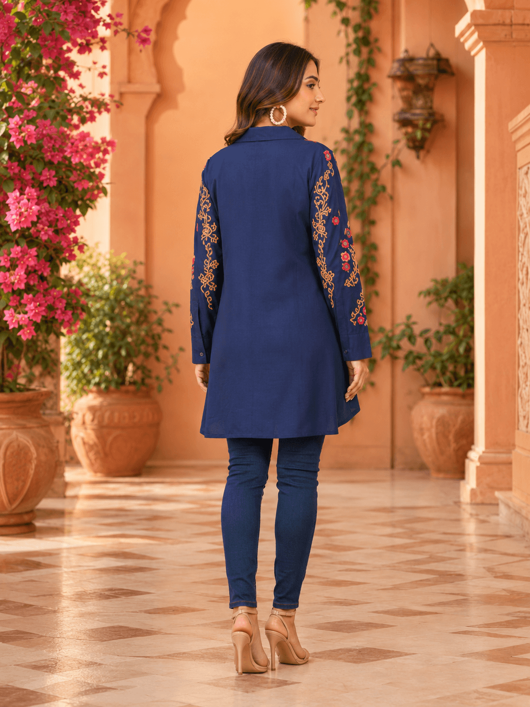 Navy Embroidered Cotton Shirt