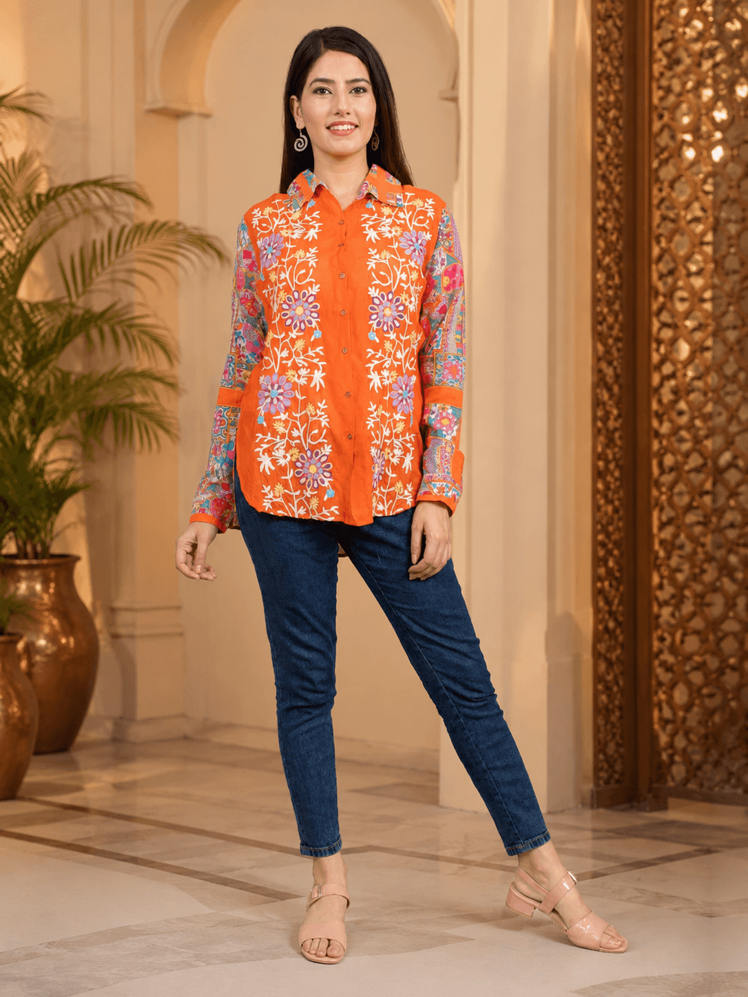 Orange Embroidered Viscose Shirt