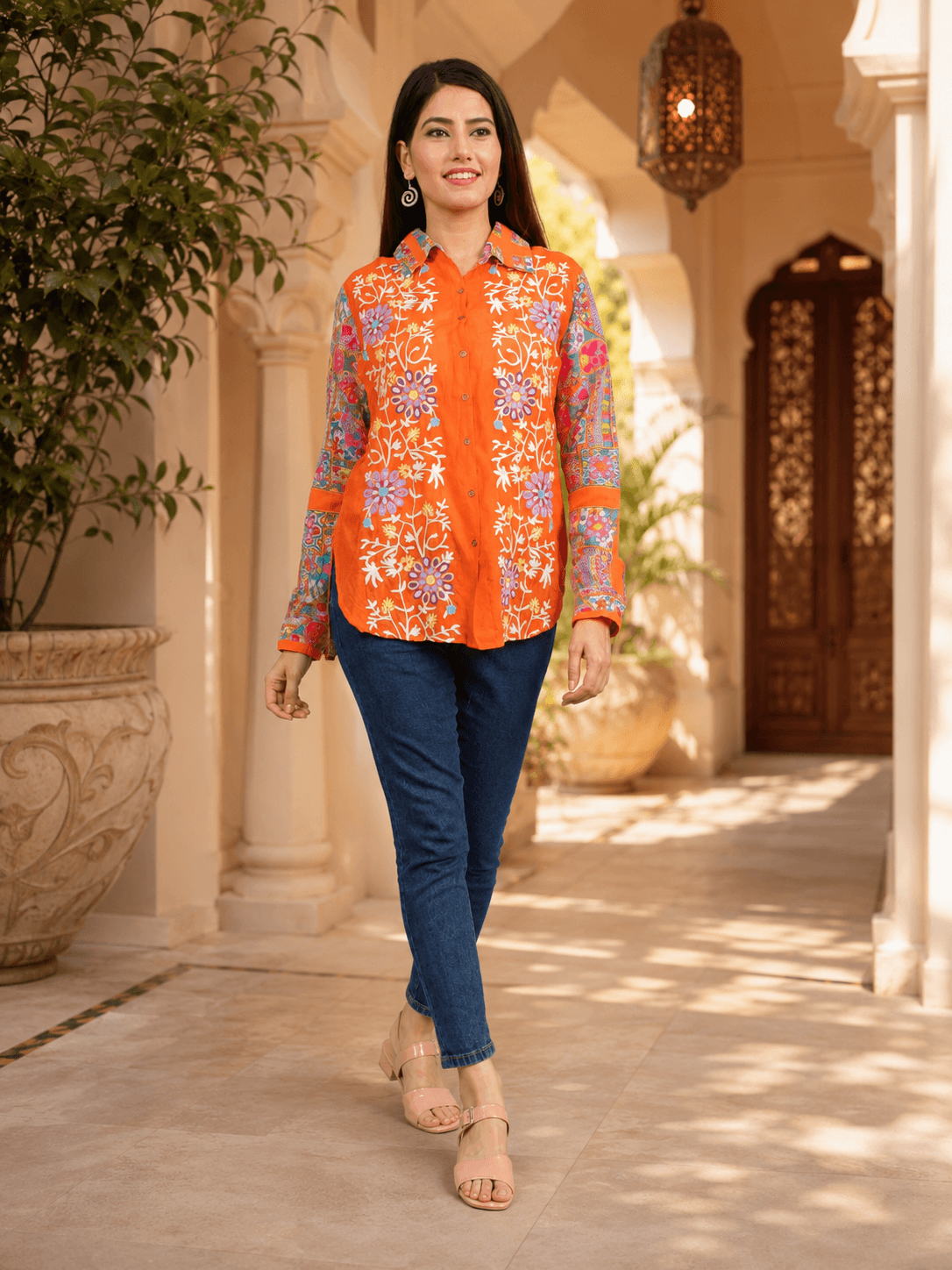 Orange Embroidered Viscose Shirt