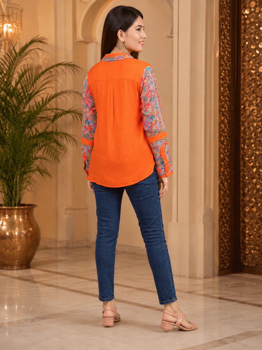 Orange Embroidered Viscose Shirt