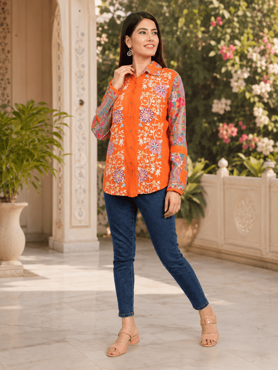 Orange Embroidered Viscose Shirt
