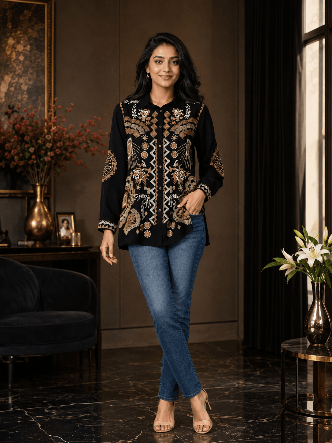 Black Embroidered Viscose Shirt
