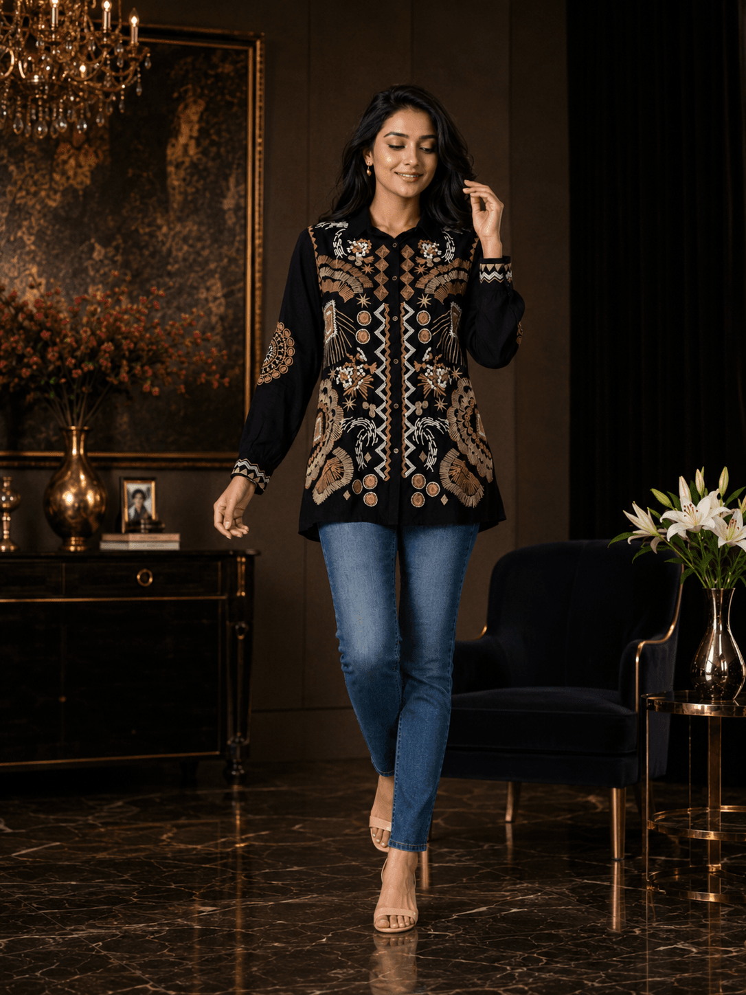 Black Embroidered Viscose Shirt