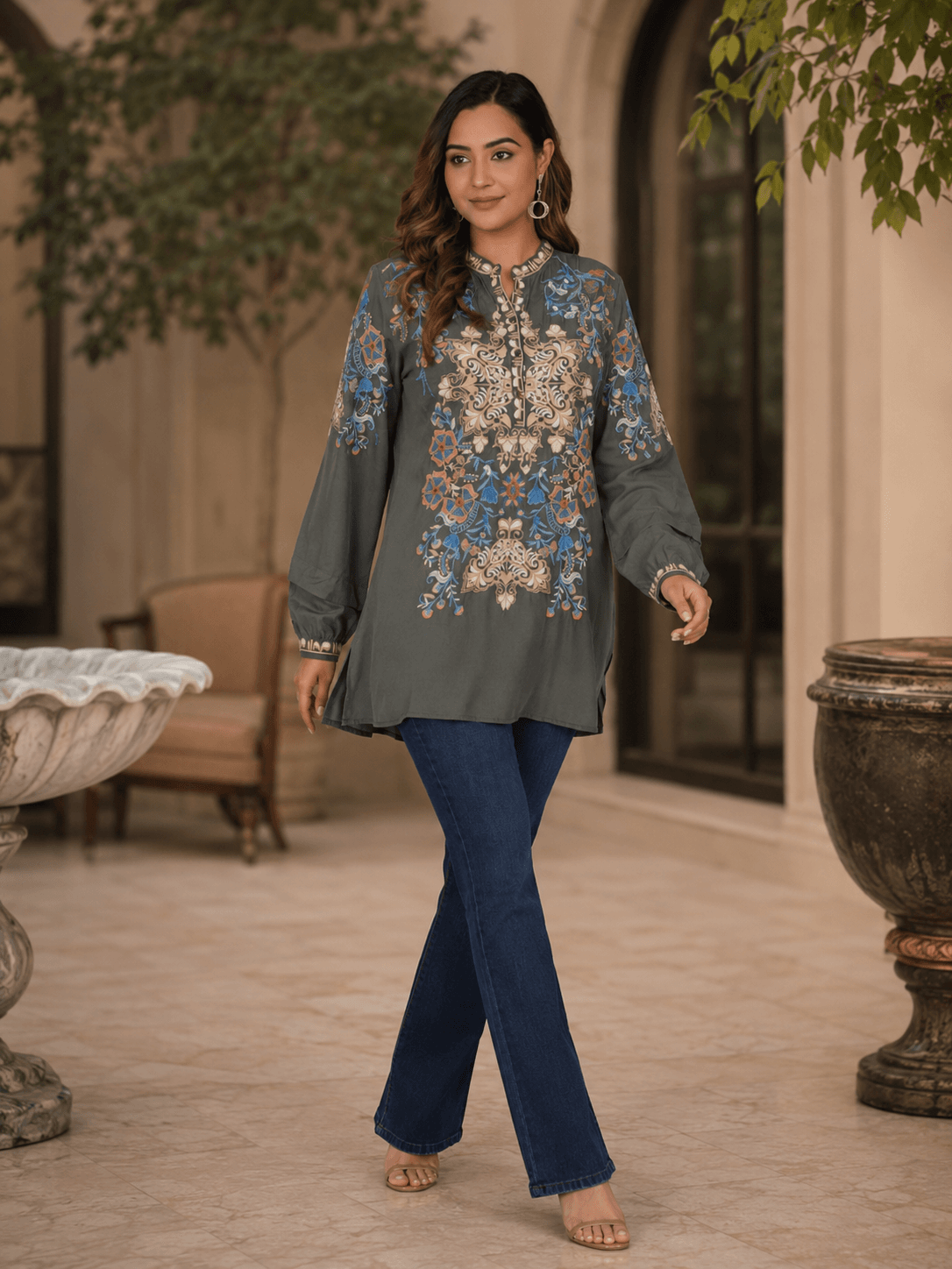Green Embroidered Viscose Tunic