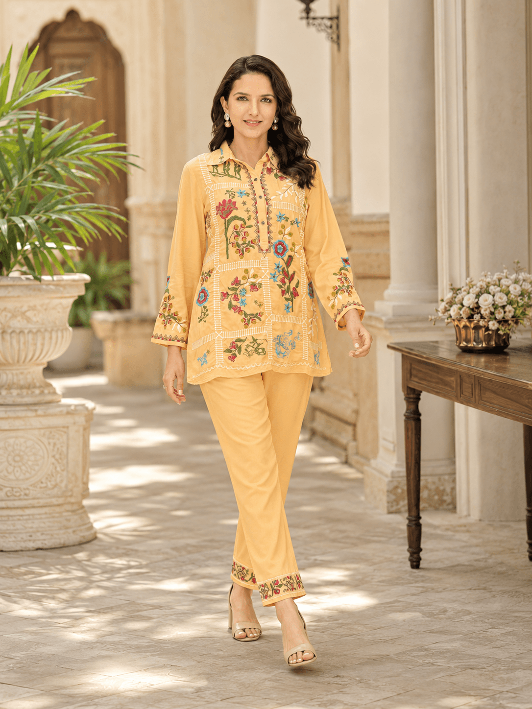 Yellow Embroidered Viscose Top