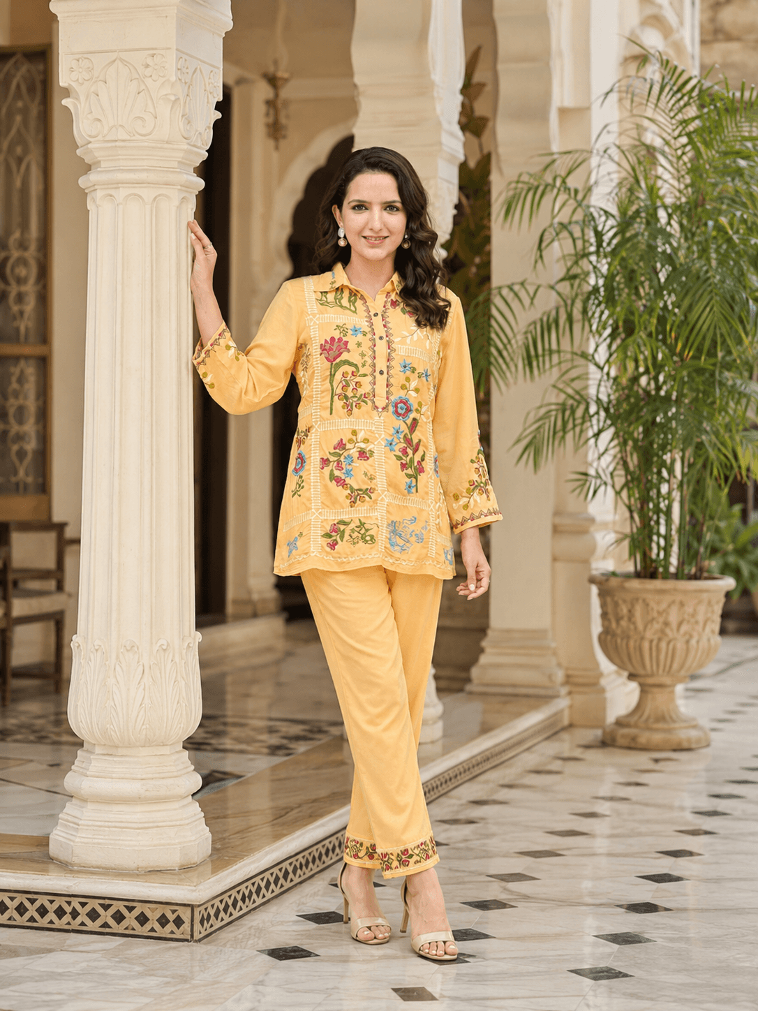 Yellow Embroidered Viscose Top