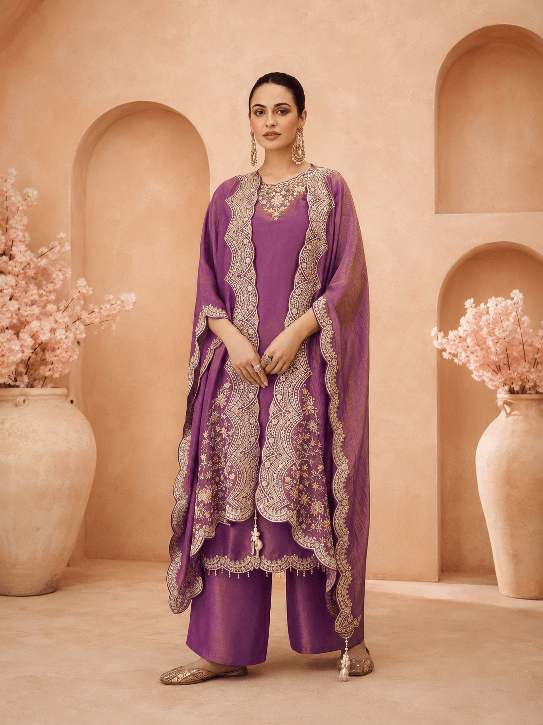 Amethyst-Purple Embroidered Palazzo Set