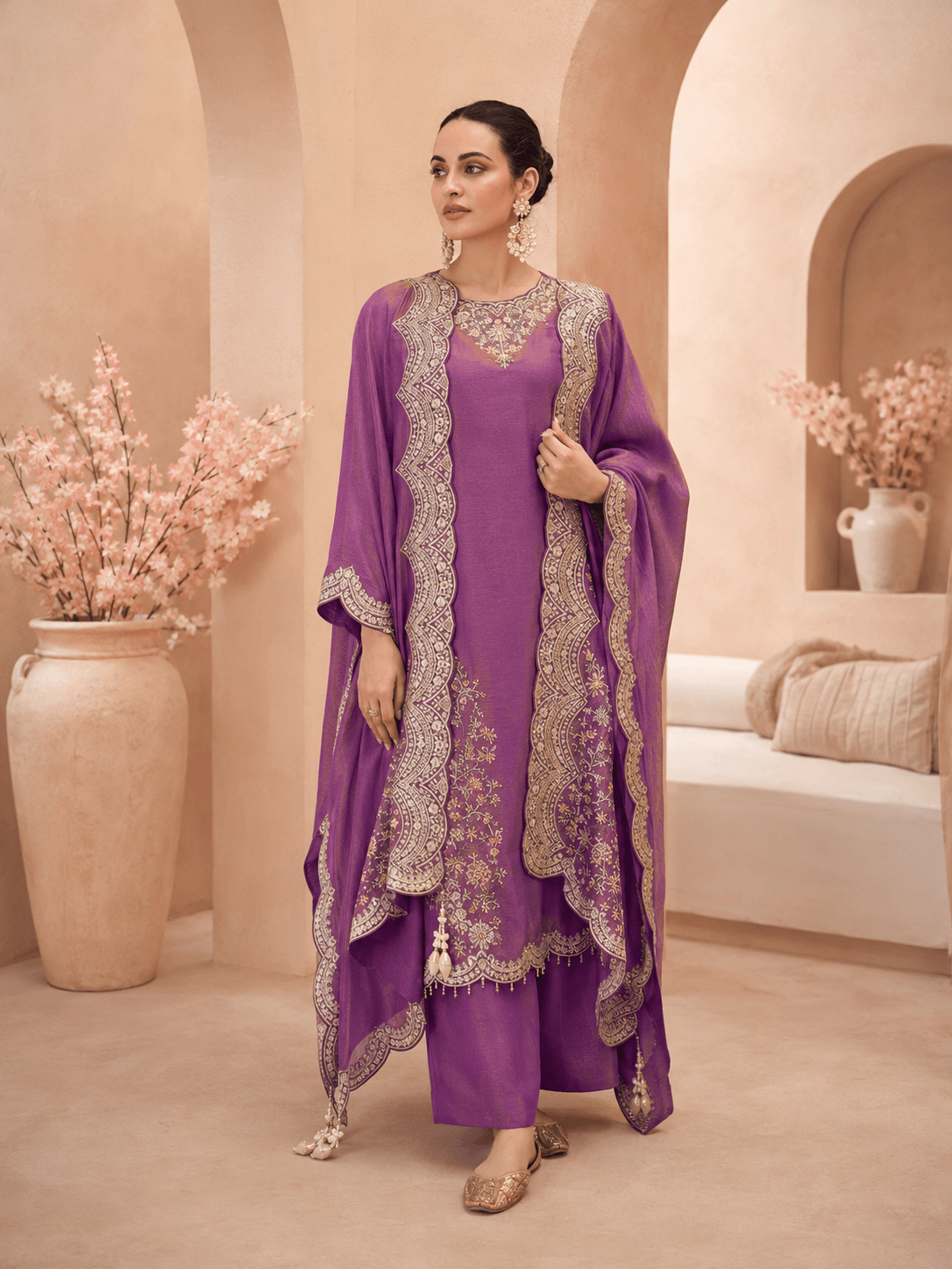 Amethyst-Purple Embroidered Palazzo Set