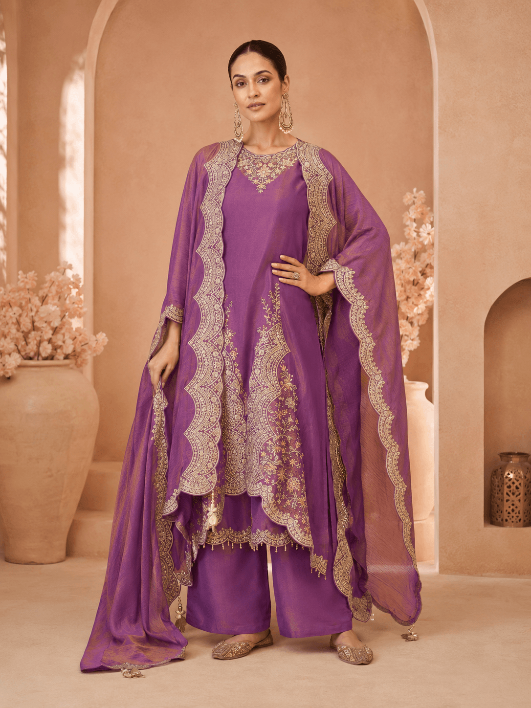 Amethyst-Purple Embroidered Palazzo Set
