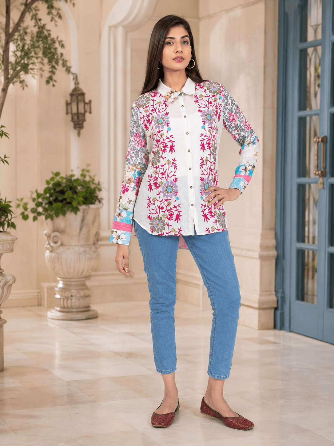 White Floral Printed Viscose Shirt