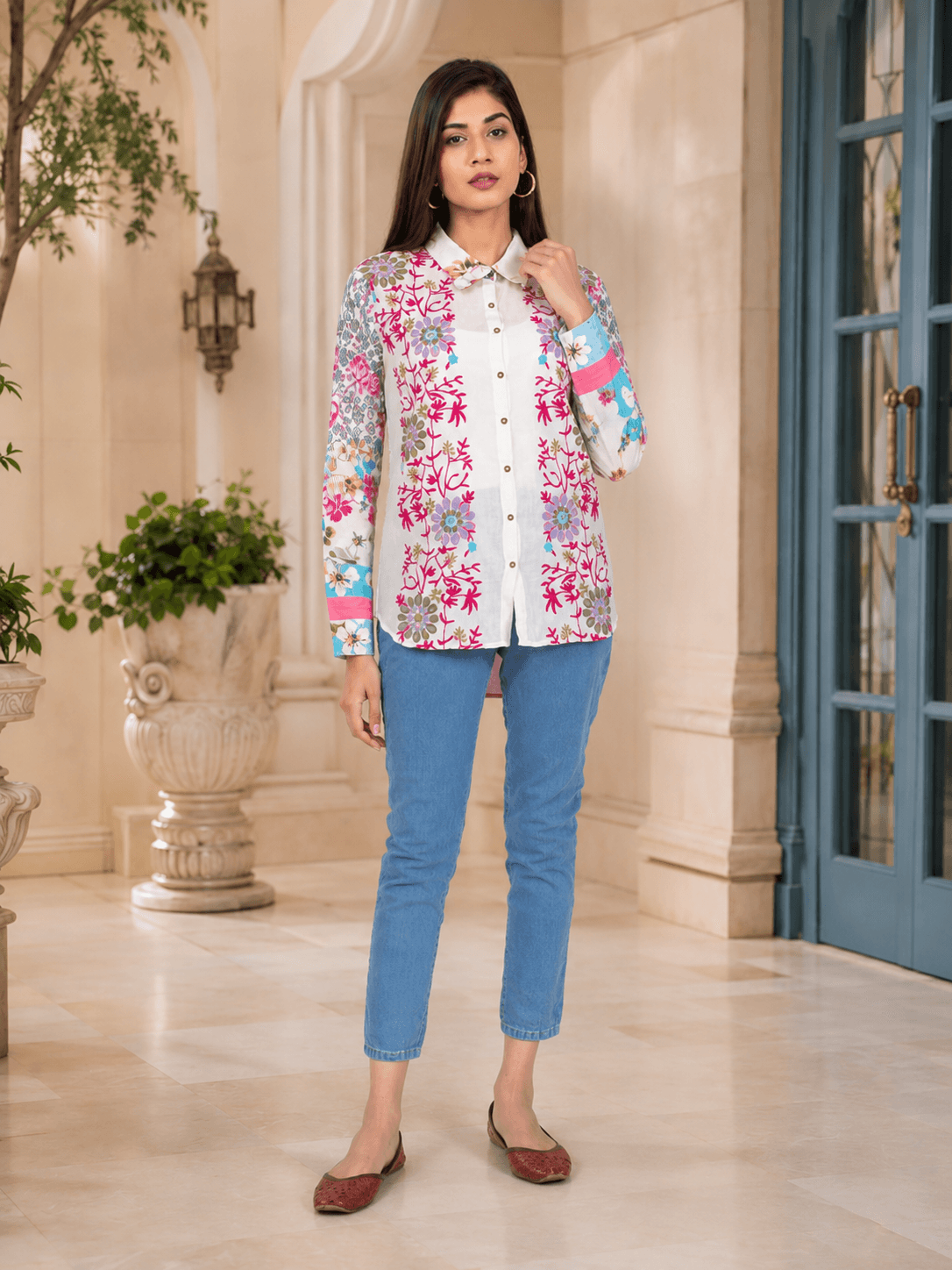 White Floral Printed Viscose Shirt