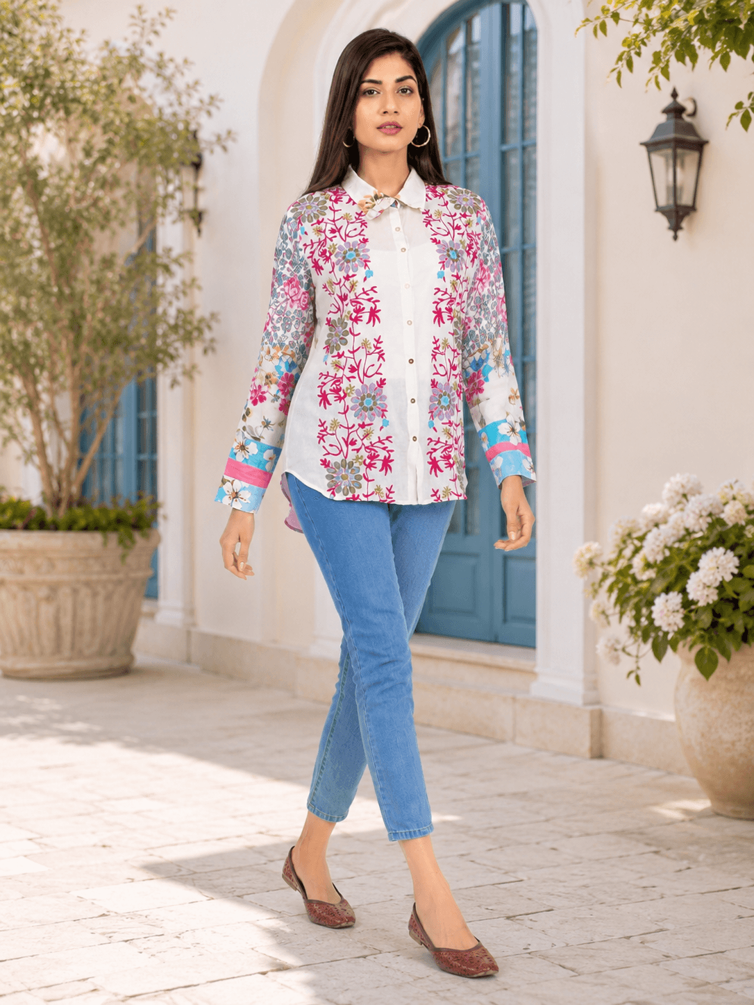 White Floral Printed Viscose Shirt