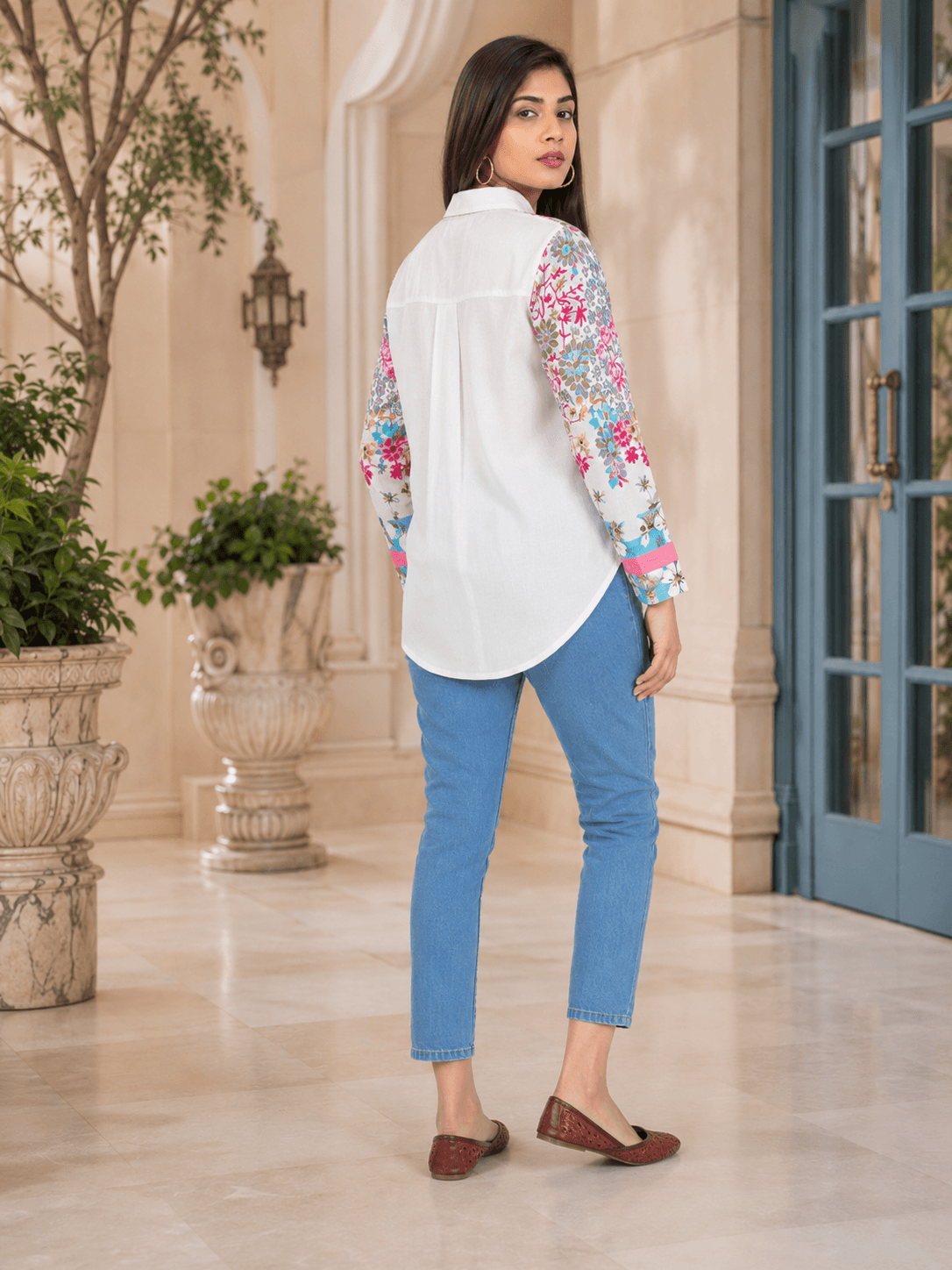 White Floral Printed Viscose Shirt
