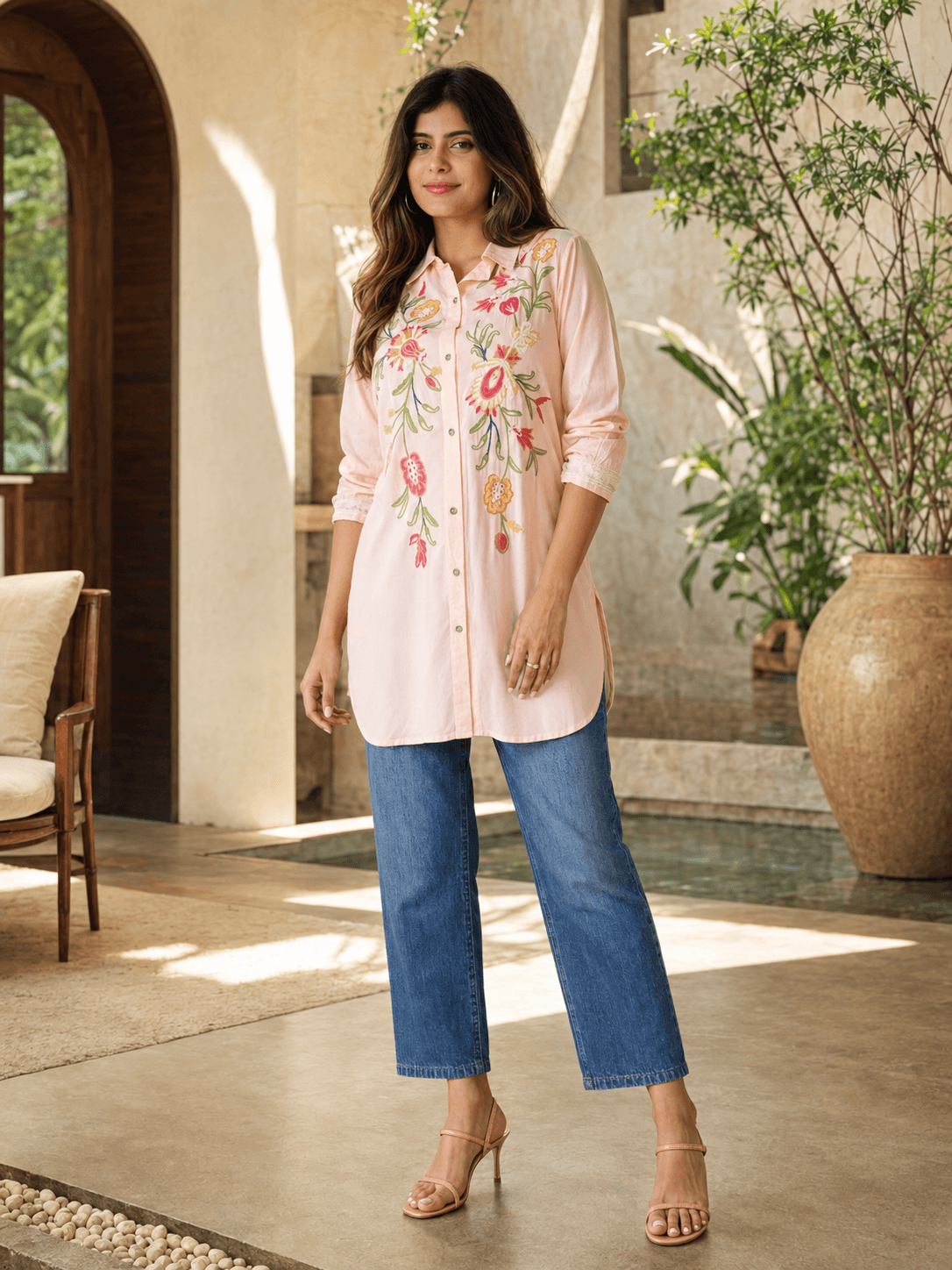 Peach Embroidered Viscose Shirt