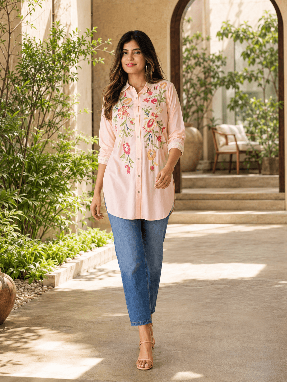 Peach Embroidered Viscose Shirt