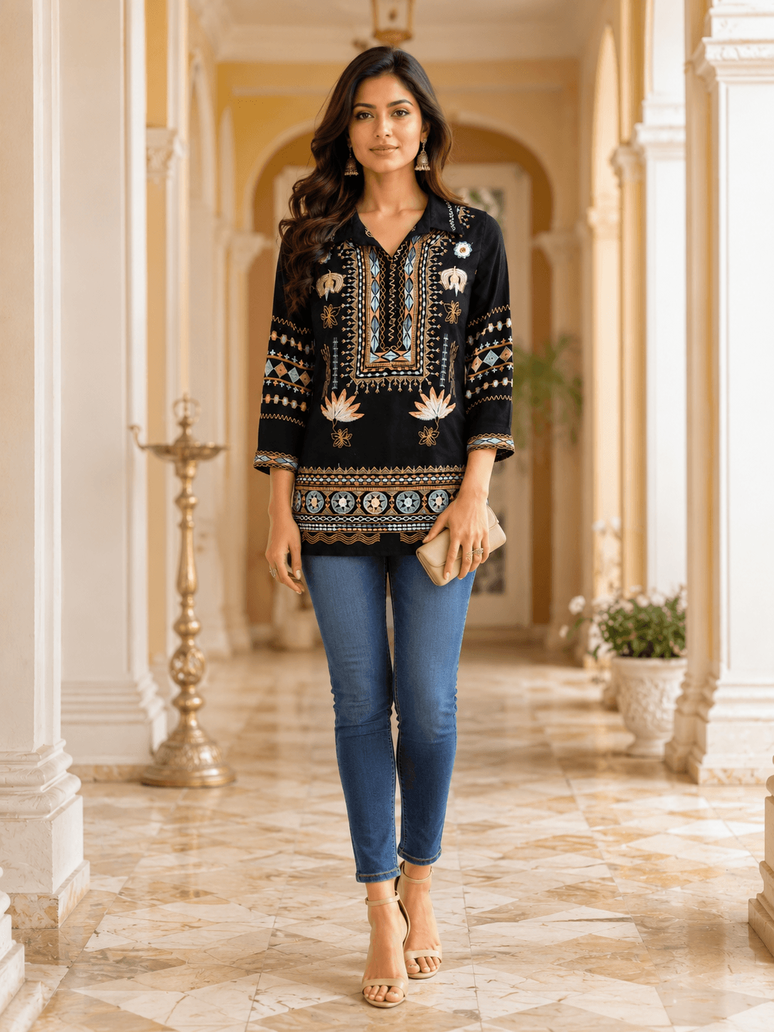Black Embroidered Viscose Tunic