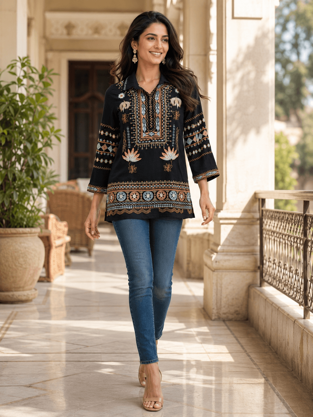 Black Embroidered Viscose Tunic