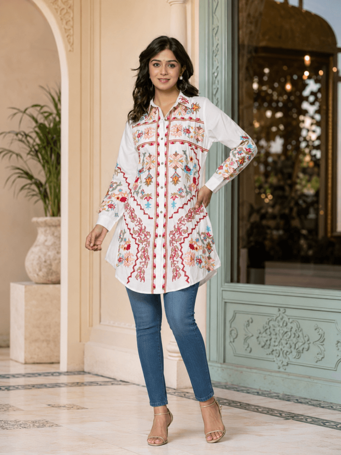 Cotton White Embroidered Longline Shirt