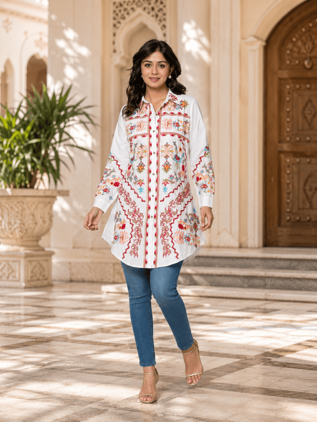 Cotton White Embroidered Longline Shirt