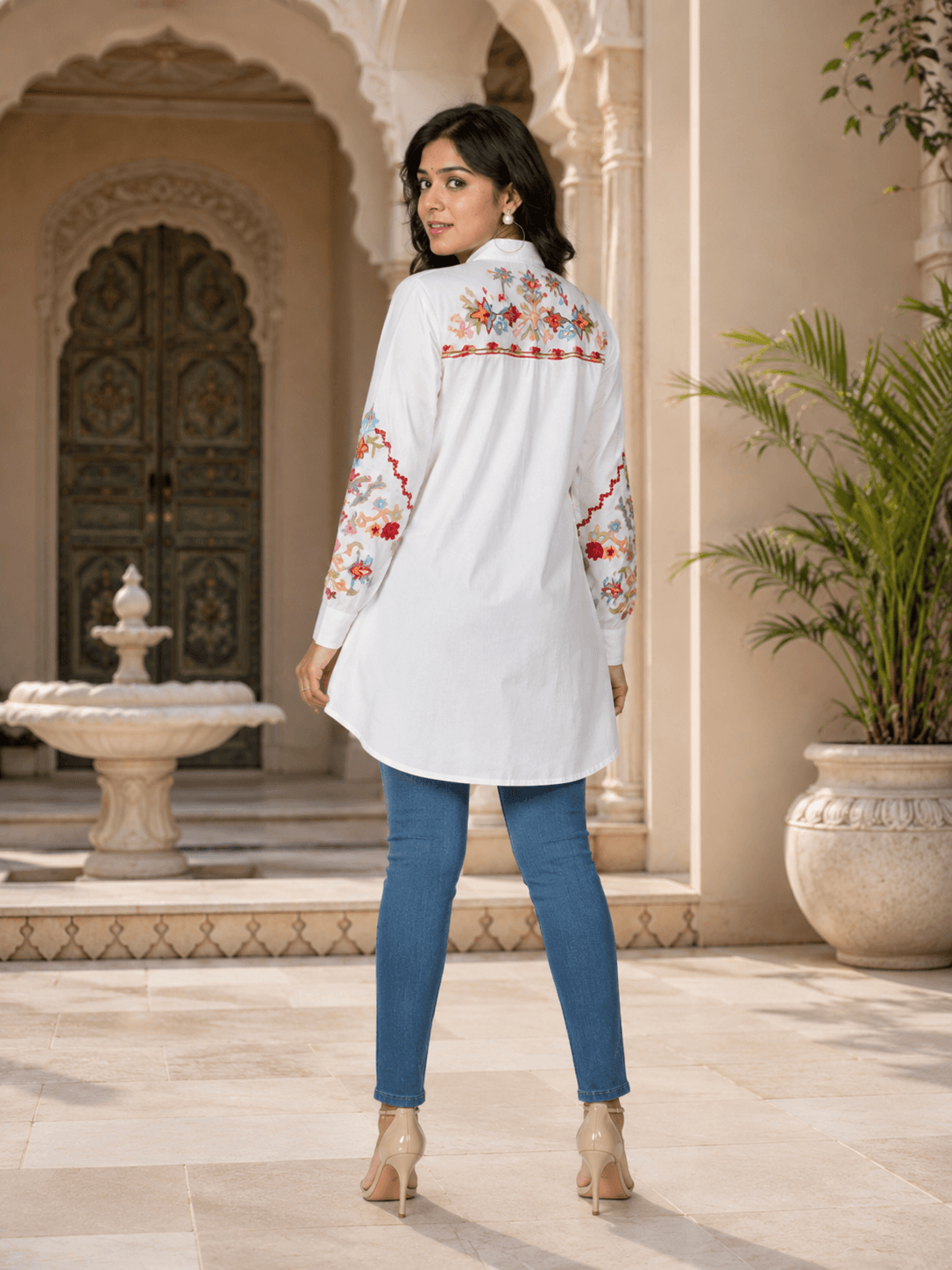 Cotton White Embroidered Longline Shirt