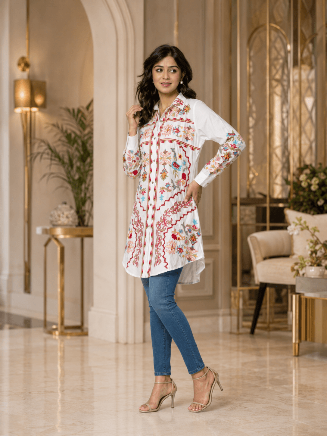 Cotton White Embroidered Longline Shirt