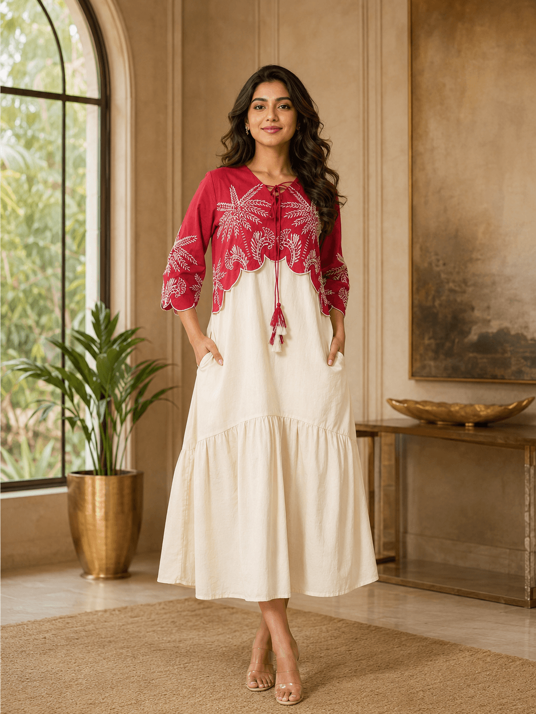 Crimson Ivory Embroidered Dress