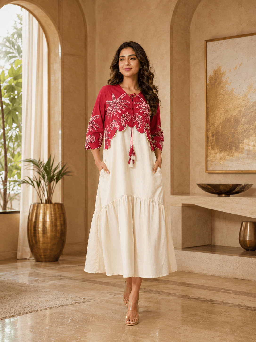 Crimson Ivory Embroidered Dress