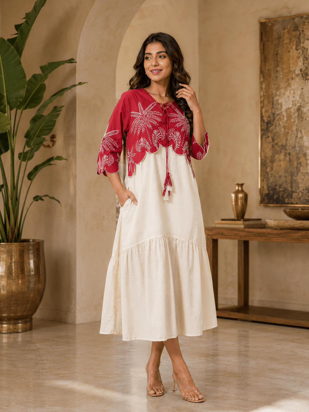Crimson Ivory Embroidered Dress