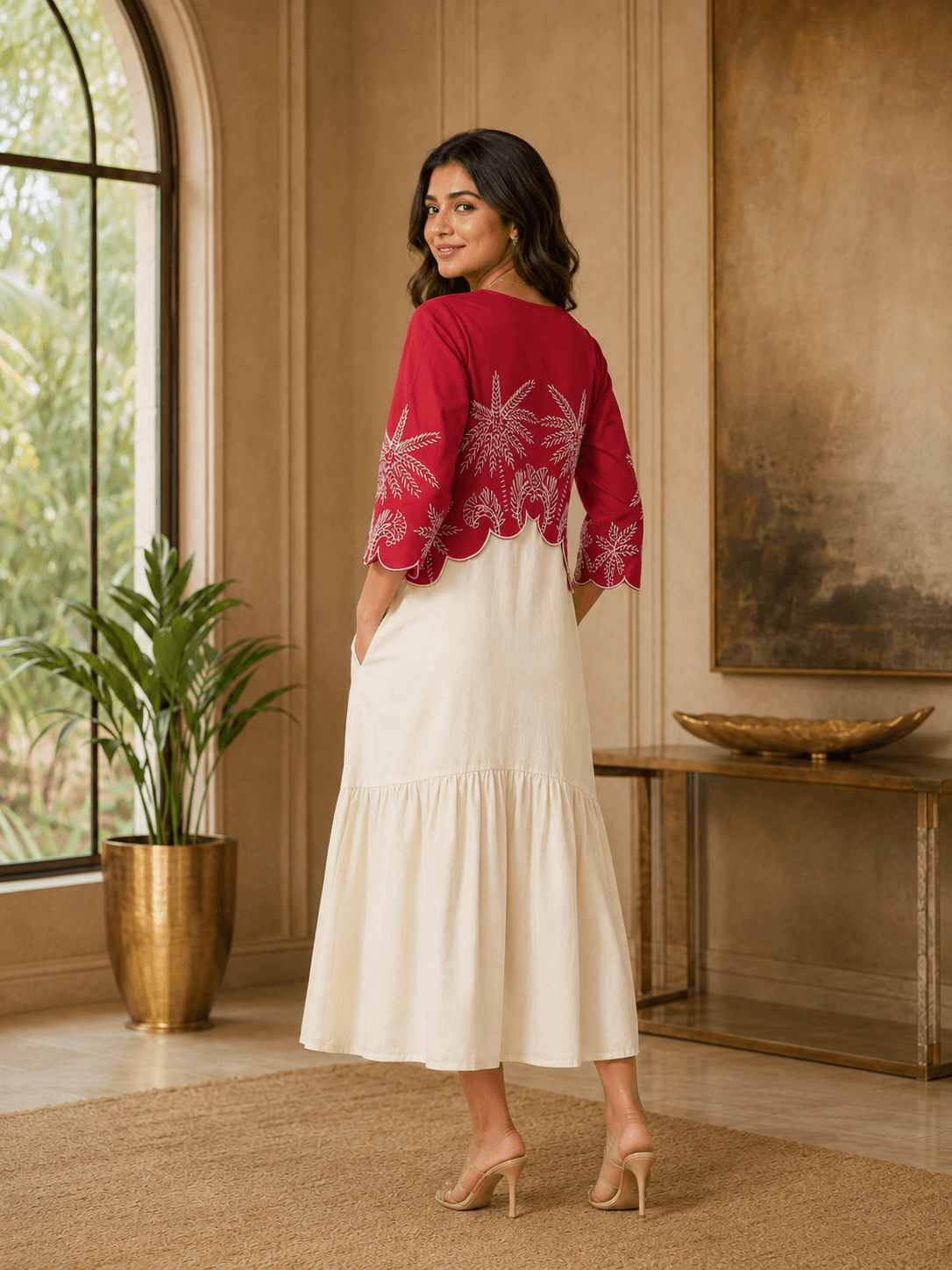 Crimson Ivory Embroidered Dress