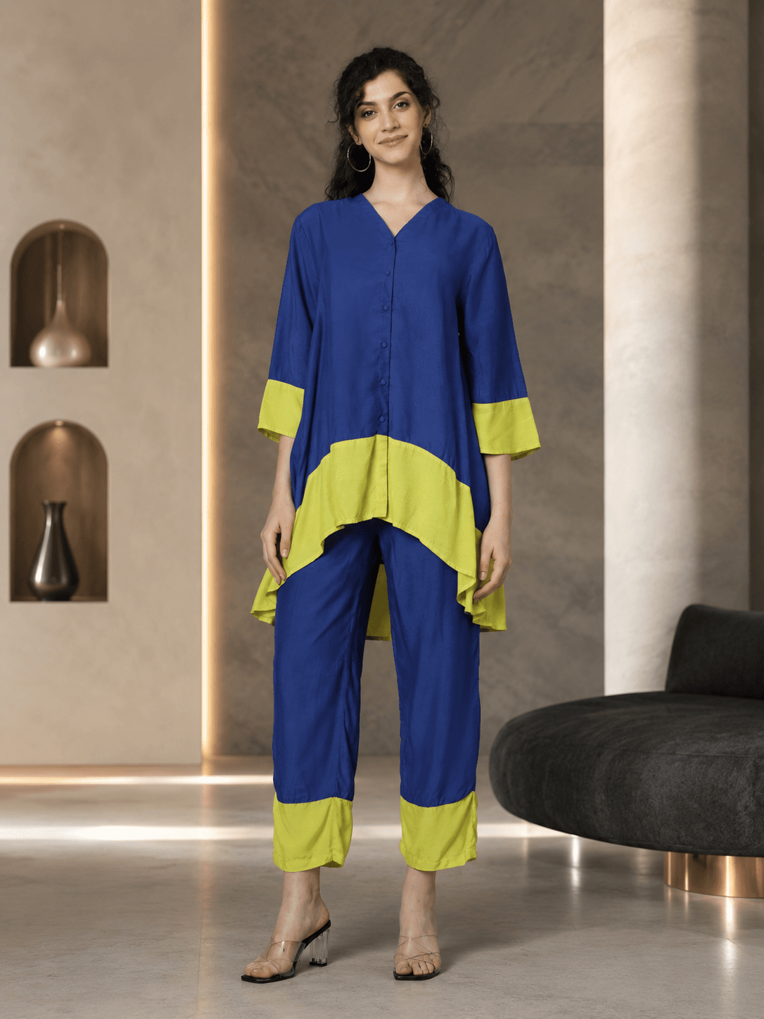 Colorblock Viscose Co-Ord Set – Royal Blue & Lime