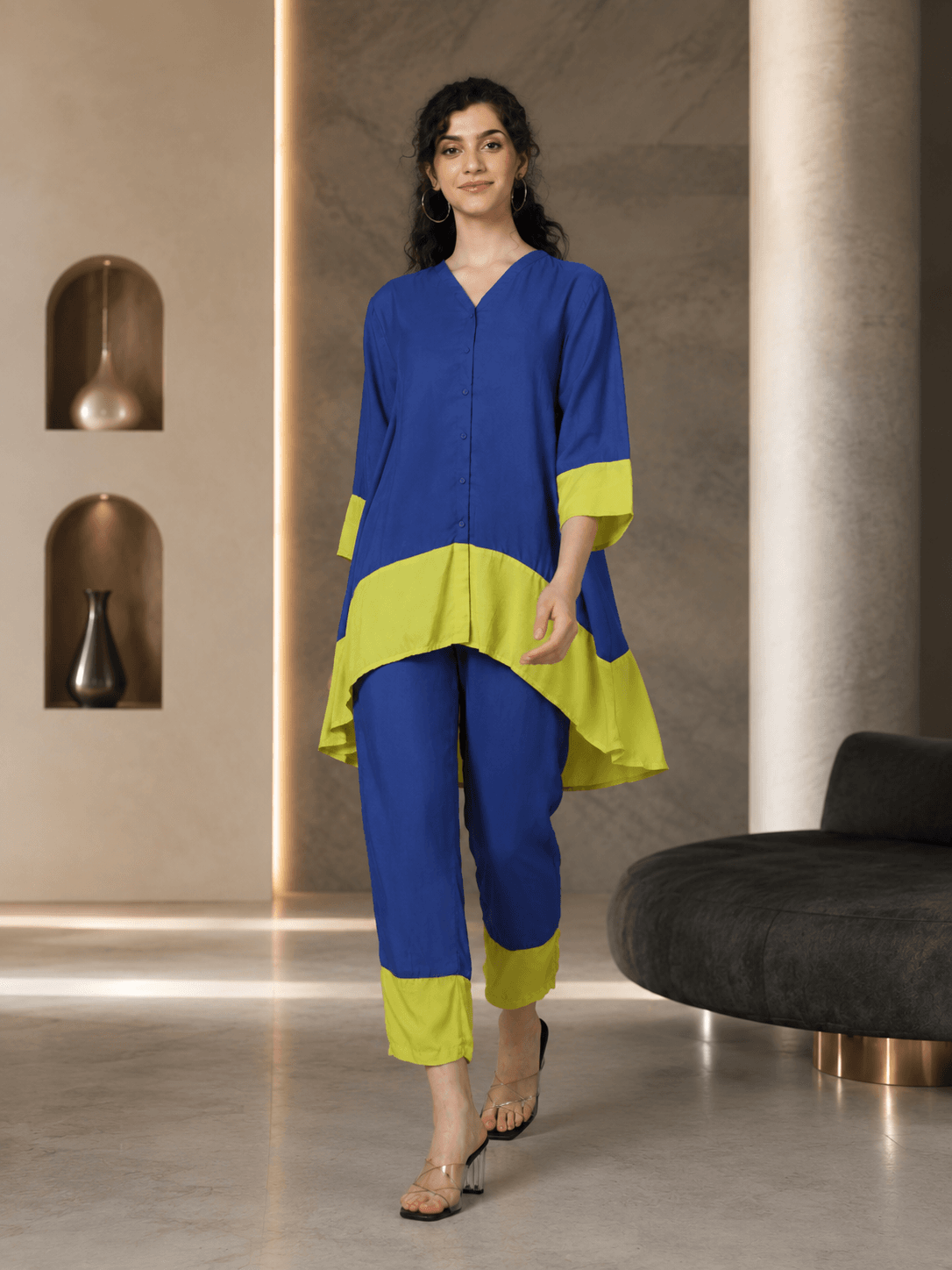 Colorblock Viscose Co-Ord Set – Royal Blue & Lime