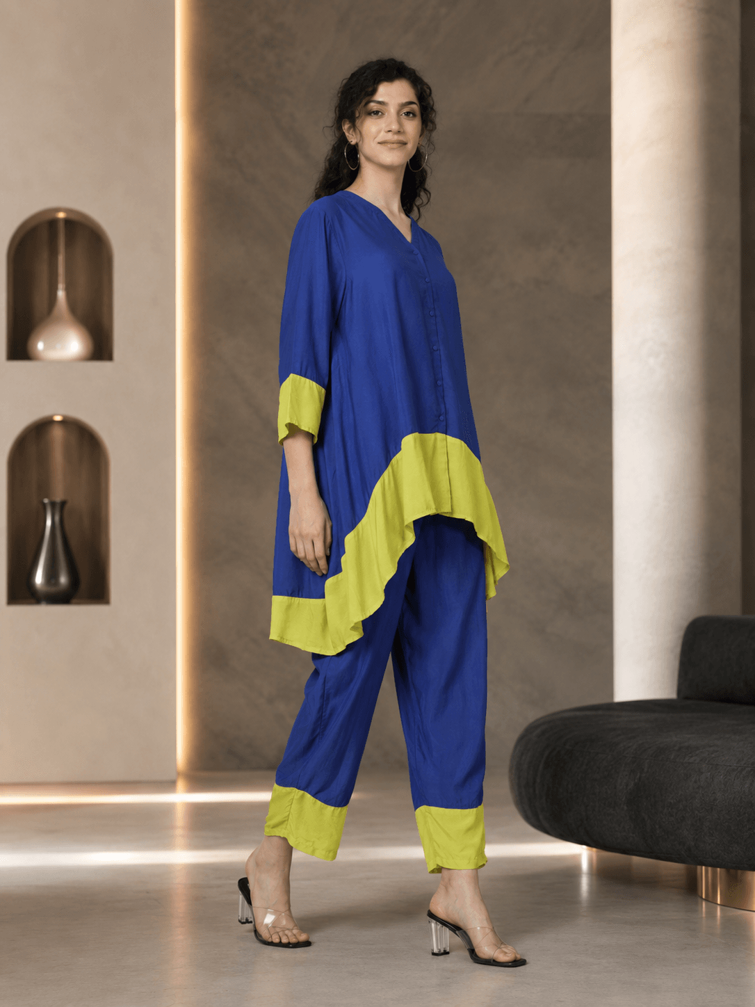 Colorblock Viscose Co-Ord Set – Royal Blue & Lime