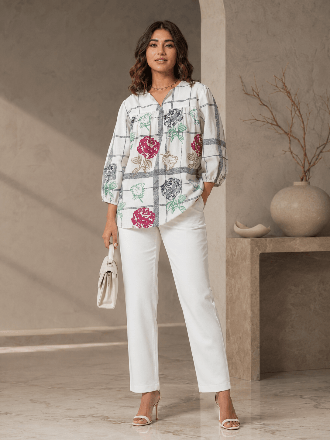Ivory Floral Check Top