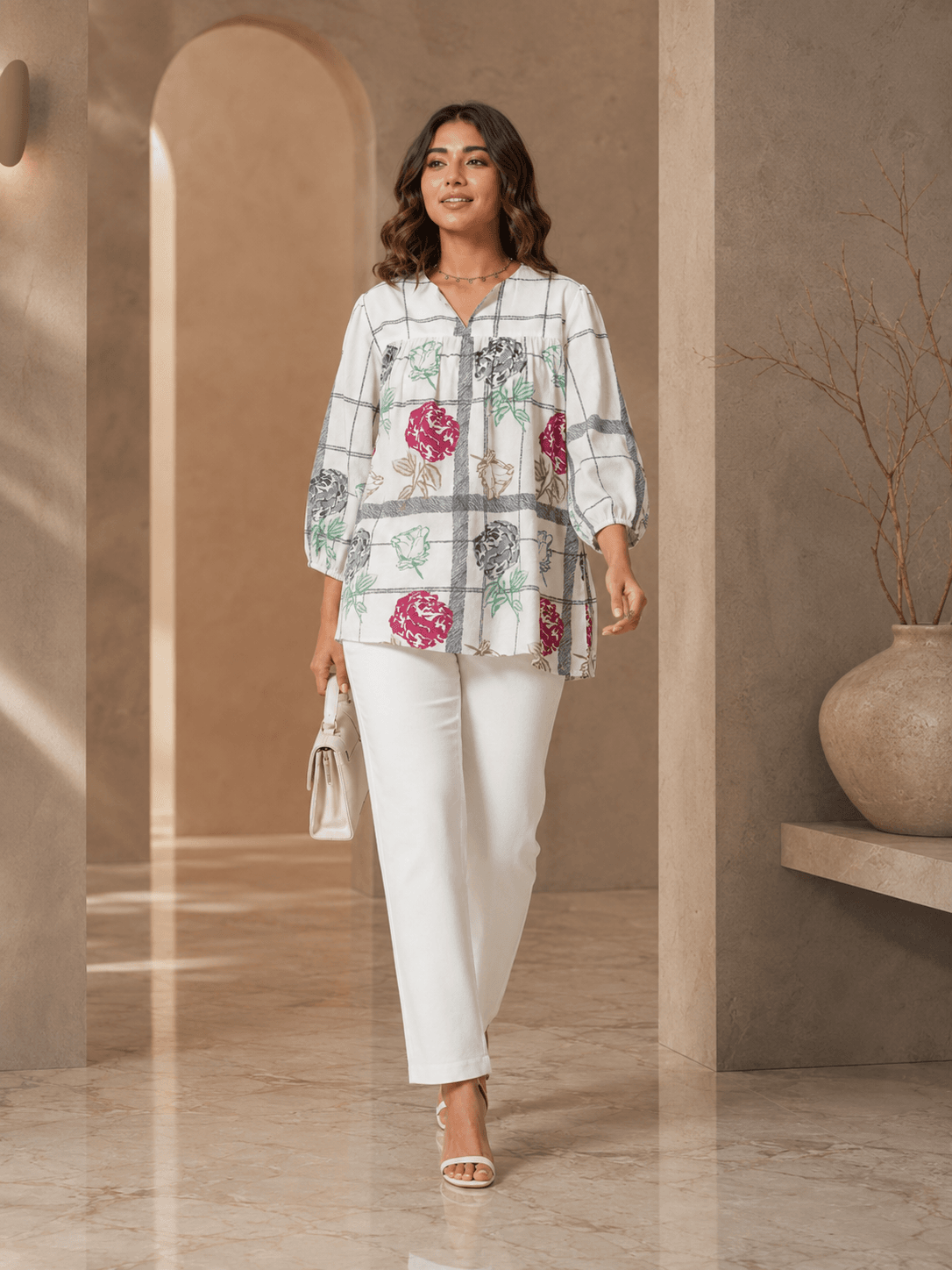 Ivory Floral Check Top