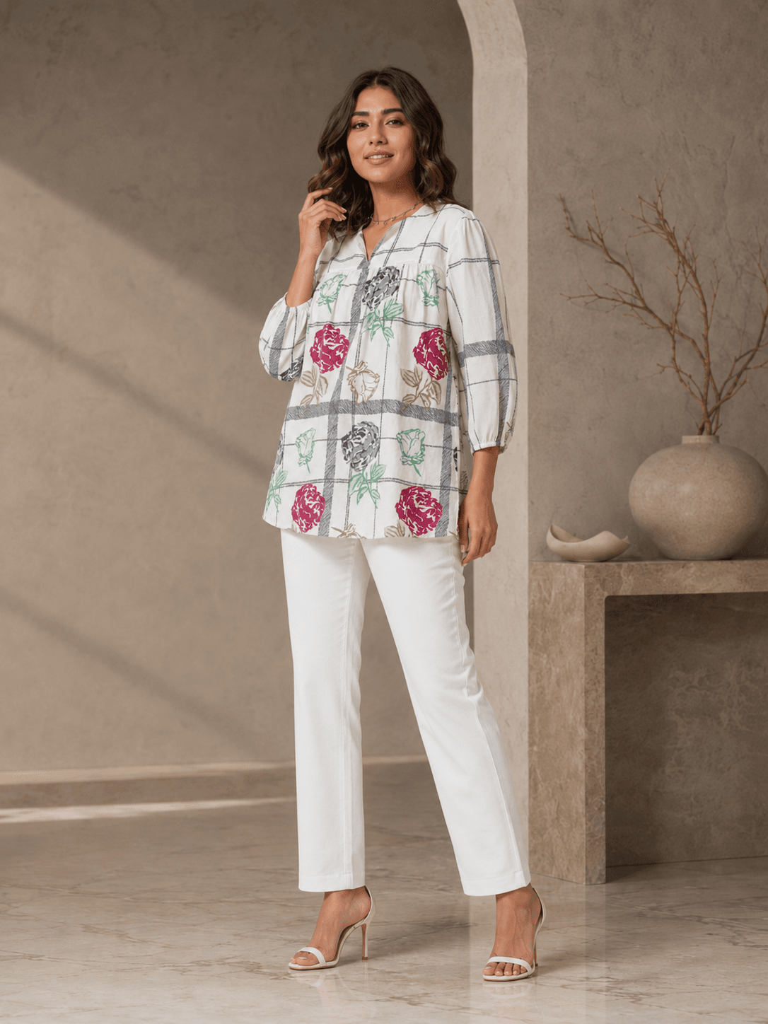 Ivory Floral Check Top