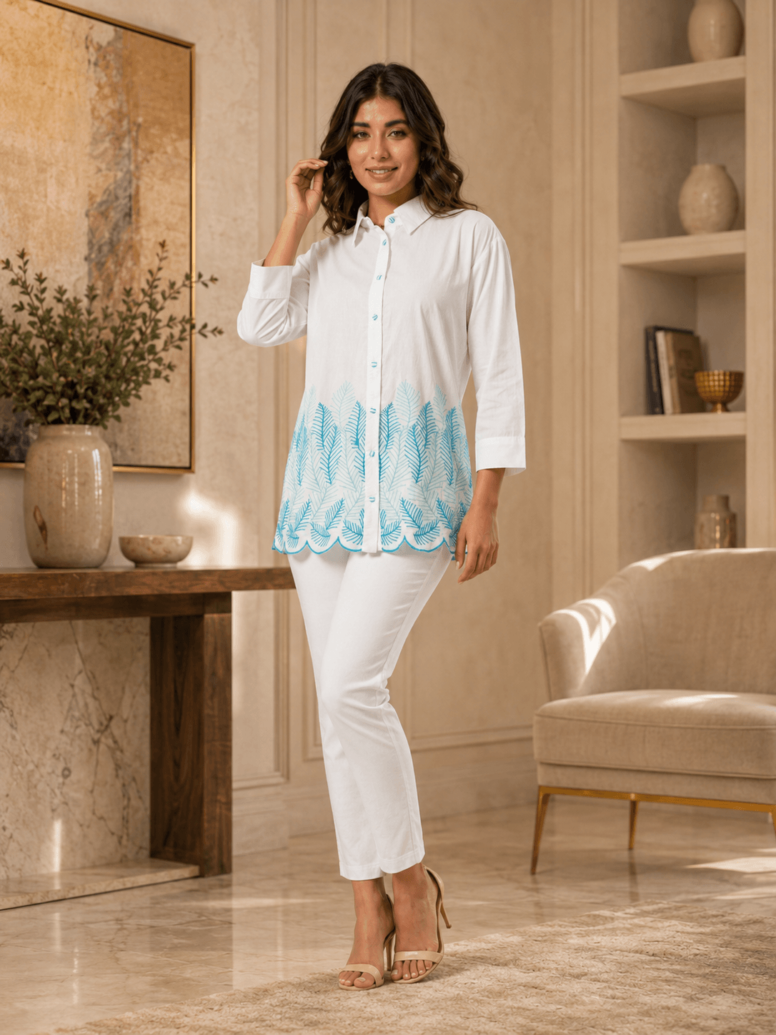 Ivory Fern Embroidered Shirt