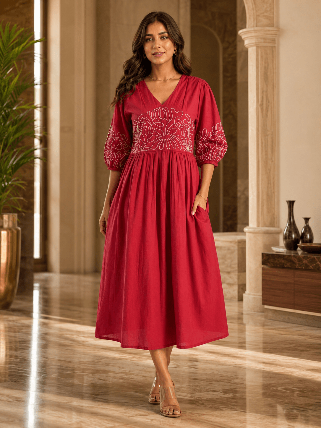 Crimson Bloom Embroidered Midi Dress