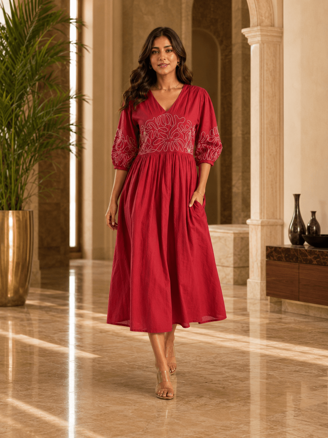 Crimson Bloom Embroidered Midi Dress