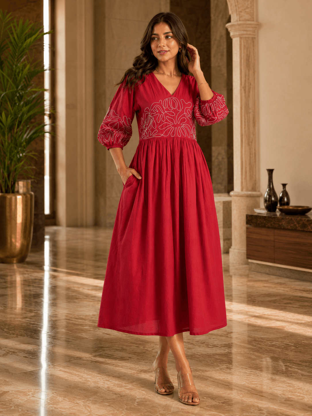Crimson Bloom Embroidered Midi Dress