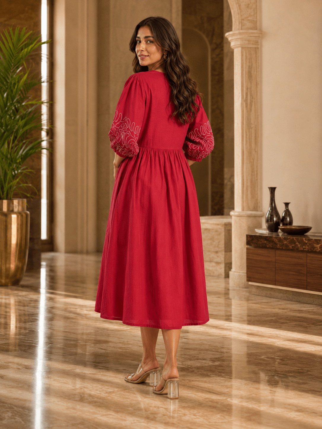 Crimson Bloom Embroidered Midi Dress