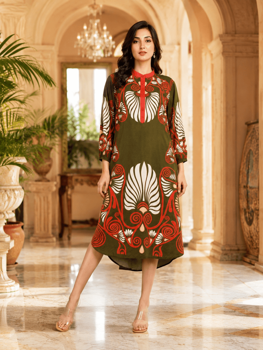 Heritage Motif Olive Midi Dress