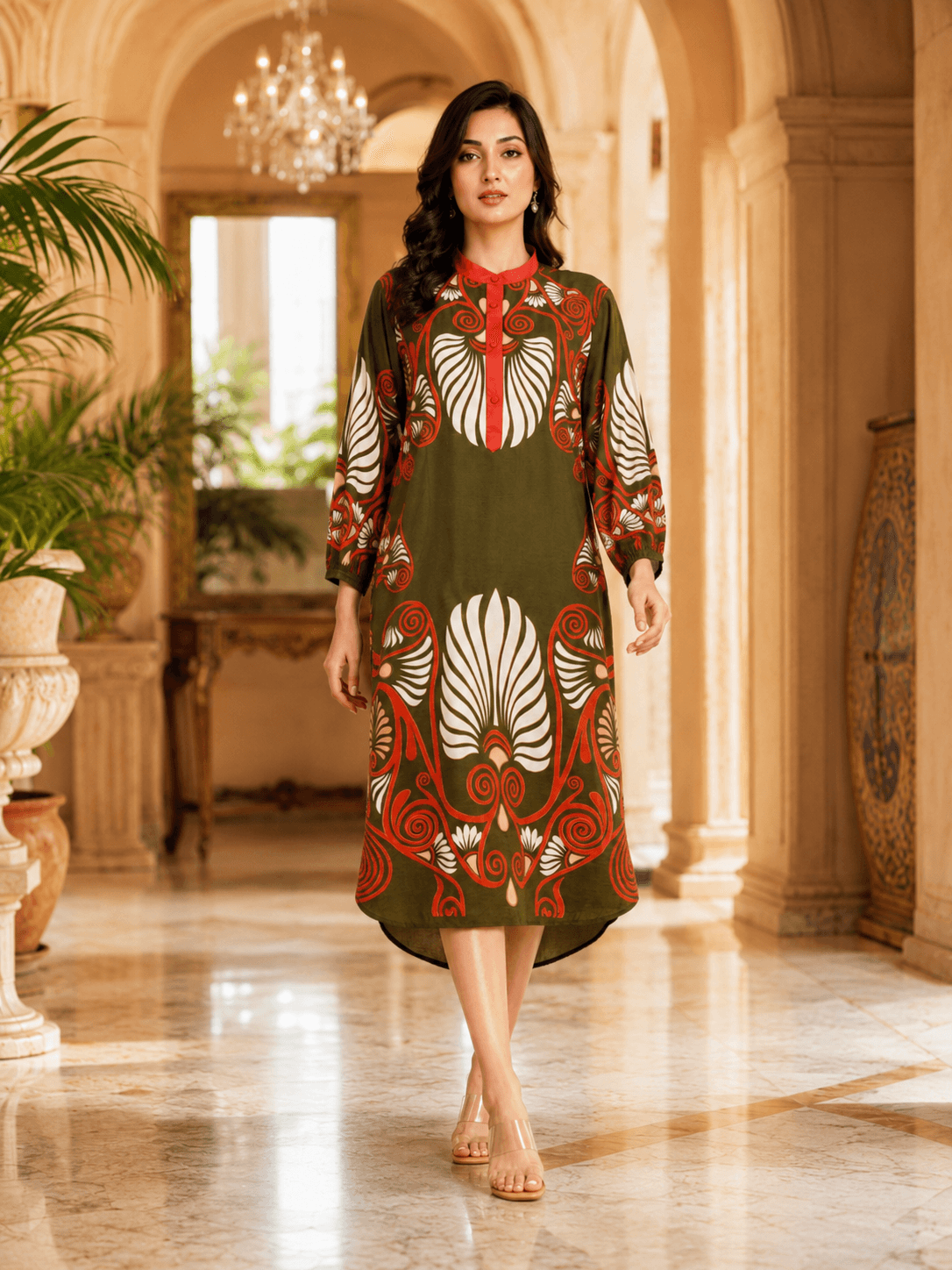 Heritage Motif Olive Midi Dress