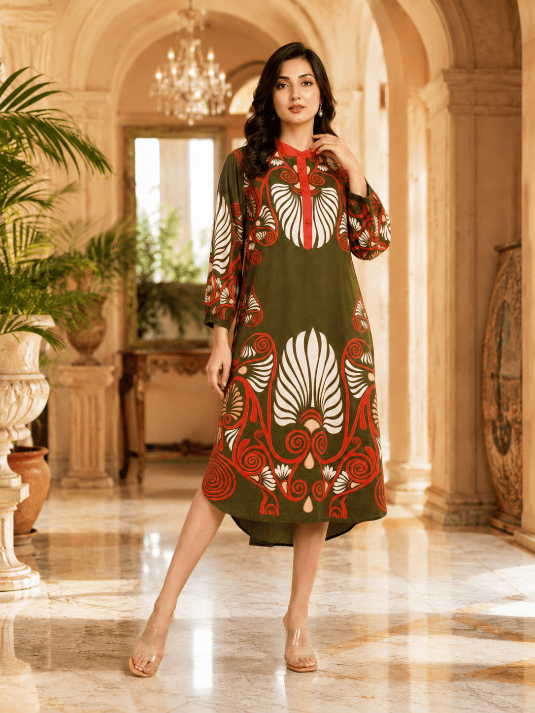 Heritage Motif Olive Midi Dress