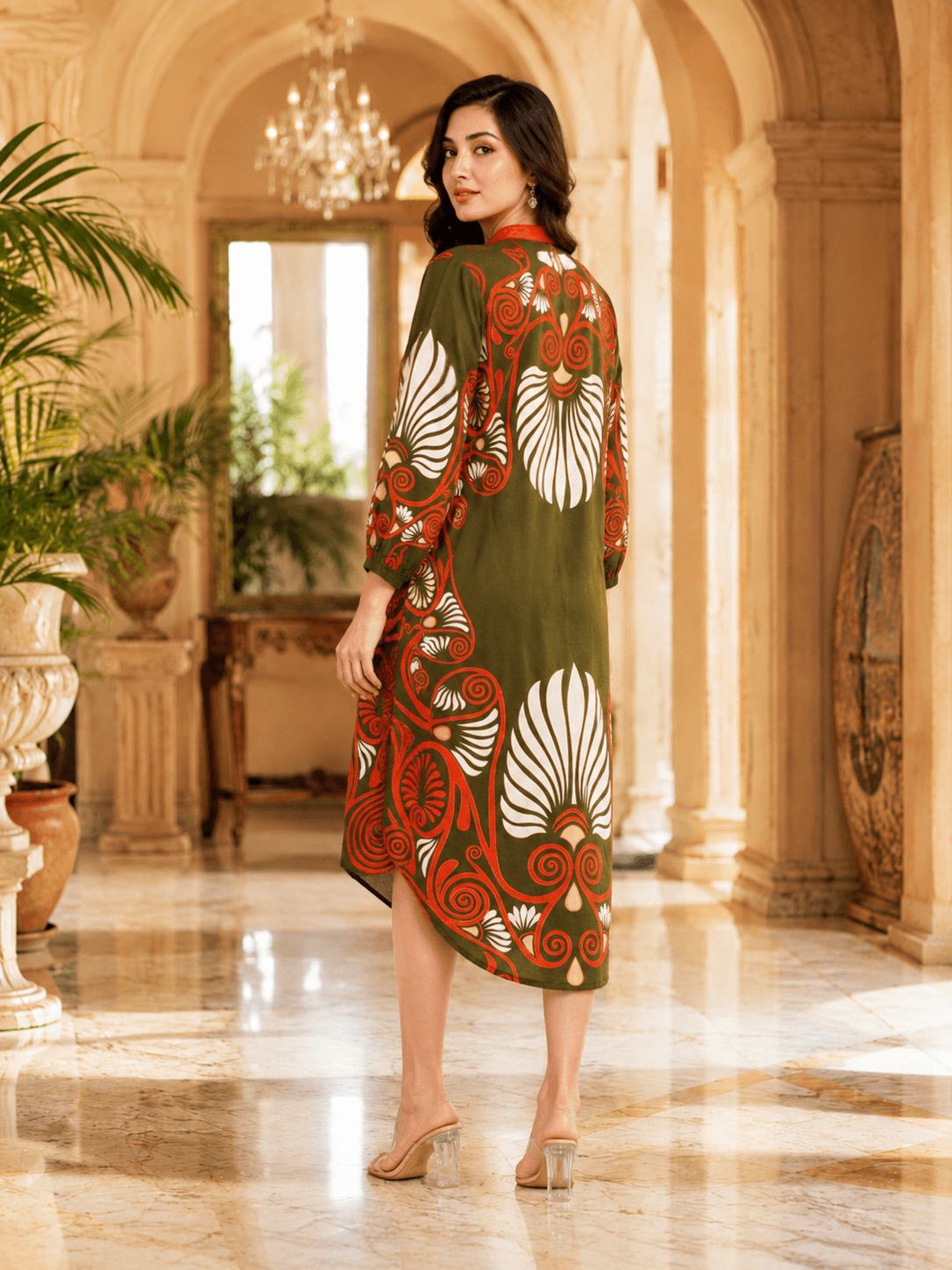 Heritage Motif Olive Midi Dress