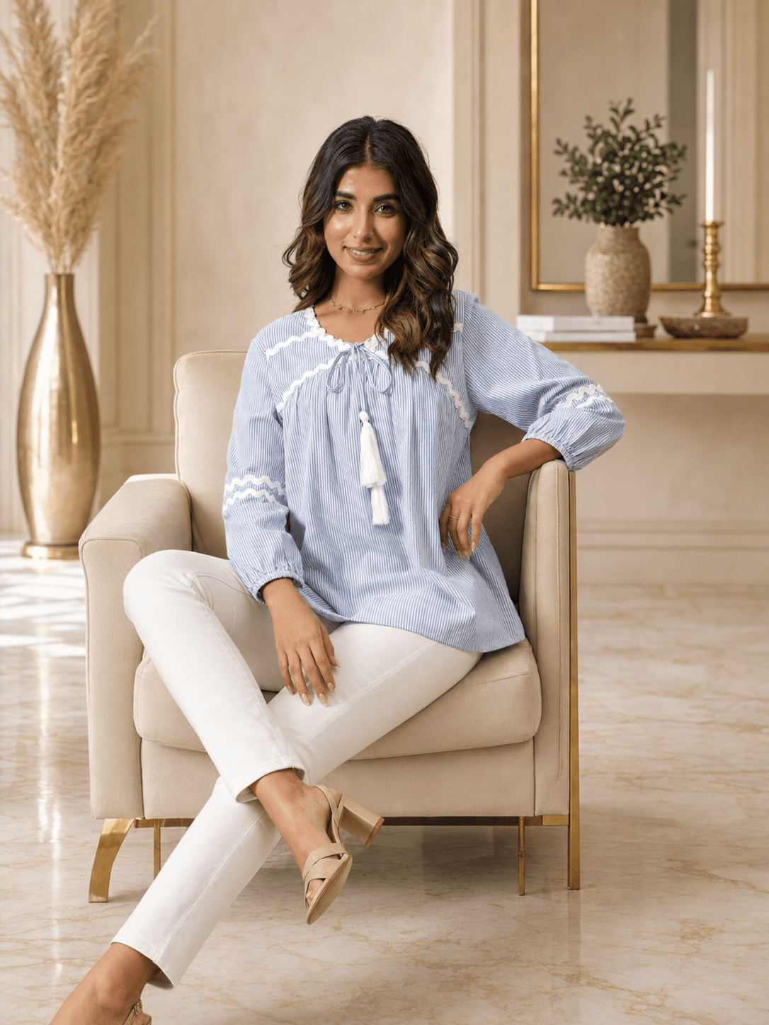 Sky Blue Striped Tie-Up Top