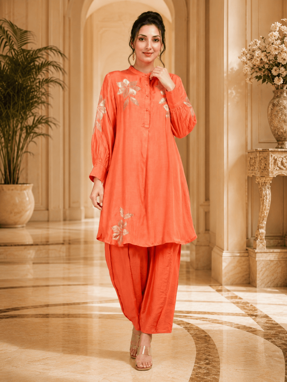 Coral Embroidered Kurta Set