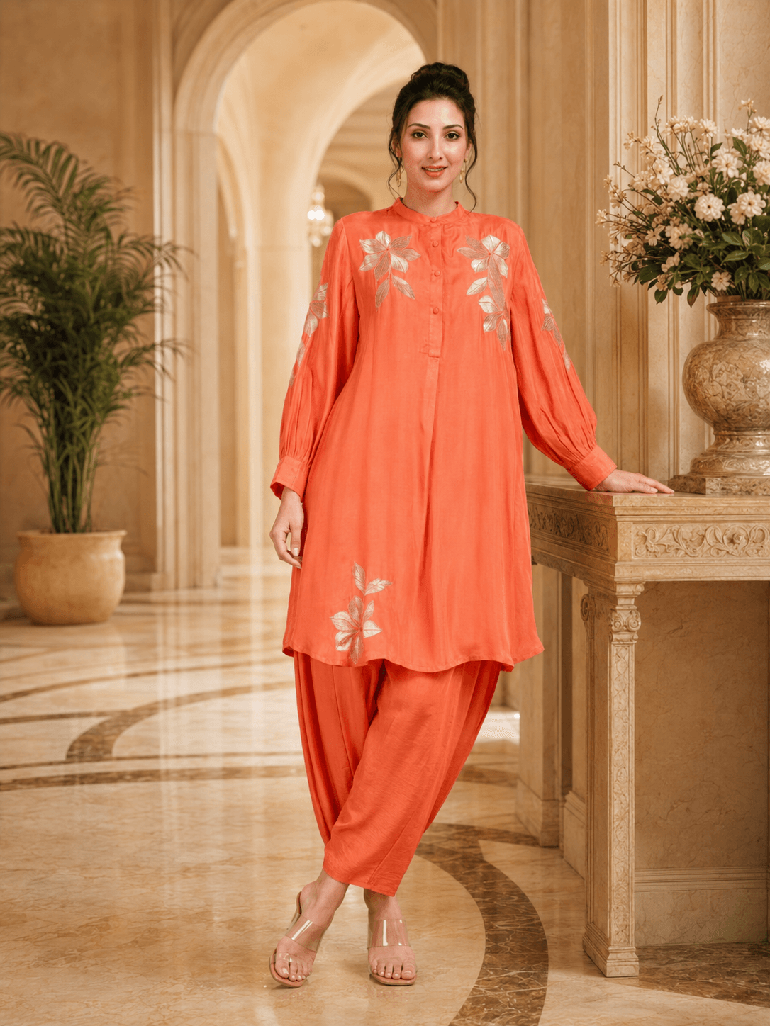 Coral Embroidered Kurta Set