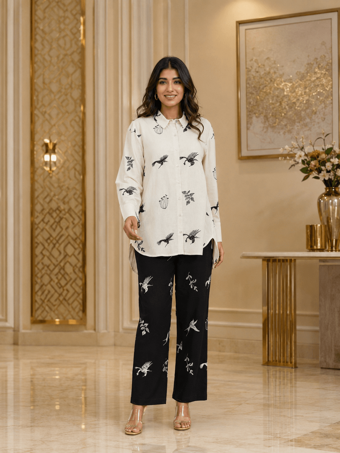 Ivory Noir Bird-Print Co-Ord Set